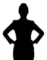 2d black silhouette of a confident person standing with hands on hips, strong and assertive body language, symbol of power and determination, leadership pose, on isolated background png