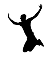 2d black silhouette of a person jumping up with arms stretched wide, excited movement, dynamic action, celebration and joy concept, expressive body language, on isolated background png