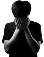 2d black silhouette of a person crying with head down, hands covering face in deep sadness and emotional distress, powerful concept of grief, despair, depression, and solitude on isolated background png