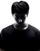2d black silhouette of a person looking down with intense emotion, dramatic lighting and shadow emphasizing psychological depth, concept of mystery on isolated background png
