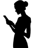 2d black silhouette of a woman looking at a phone, digital communication concept, smartphone usage, mobile technology, modern lifestyle, social media browsing,, on isolated background png