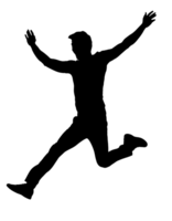 2d black silhouette of a person jumping up with arms raised, energetic movement, joy and celebration concept, excitement and success symbol, active and dynamic pose, on isolated background png