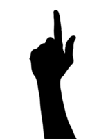 a clean 2d black silhouette of a person making a dramatic pointing gesture upwards, strong leadership and assertive stance, on isolated background png