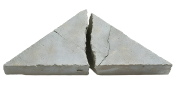 top view of cracked triangular concrete slab with deep fissure, broken cement structure, construction material fracture, industrial damage and weathered texture on isolated background png