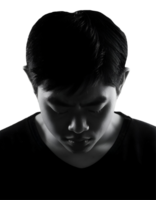 2d black silhouette of a man with head down, deep in sorrow and emotional distress, introspective pose symbolizing sadness, grief, and solitude, powerful conceptual design on isolated background png