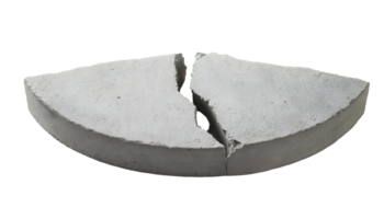 top view of a cracked semi-circle concrete slab with deep fissure, broken cement structure, industrial damage, fractured construction material on isolated background png