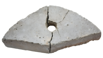 top view of a cracked triangular concrete slab with central hole, broken cement structure, industrial damage, fractured construction material on isolated background png