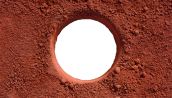 top view of a hole in red ground, excavation pit in dry soil, circular hole in textured terrain, eroded dirt cavity, geological depression on isolated background png