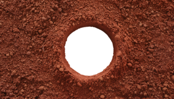 top view of a hole in red ground, textured soil pit, excavation site, circular trench in dry earth, exposed underground cavity on isolated background png