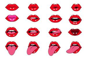A set of isolated illustrations of red lips in retro comic style in pop art style.. vector