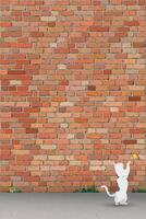A cat playing with butterfly on sidewalk have old brick wall vertical background graphic illustration have blank space. vector