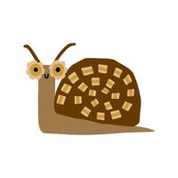 Childish illustration of a cute snail wearing flower shaped glasses, drawn in a childlike cut out style. Playful and charming, it brings a joyful and creative vibe to any project vector