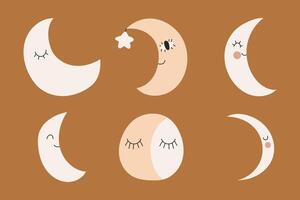 Collection Boho baby Moon. Hand Drawn Cute Moons, simple illustration. Scandinavian nursery print design vector