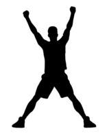 a clean 2d black silhouette of a person raising arms in victory pose, celebrating success and achievement, on isolated background png