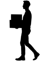 a clean 2d black silhouette of a person walking while carrying a box, delivery worker or moving concept, on isolated background png