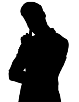 a clean 2d black silhouette of a person in thinking pose, minimalistic human figure design, on isolated background png