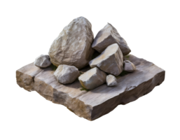isometric 3d pile of natural rocks on stone platform, rugged terrain with detailed textures, realistic geology elements for game assets, environment design, on isolated background png
