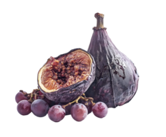 rotting blackened fig with oozing interior and shriveled grapes, spoiled fruit with wrinkled skin and signs of decomposition, decayed produce with moisture damage, on isolated background png