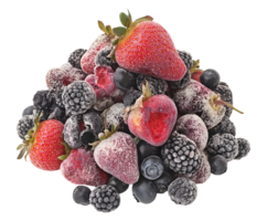 spoiled mixed berries including strawberries, blackberries, and blueberries, decayed fruit with frost damage and mold, decomposing produce with shriveled texture, on isolated background png