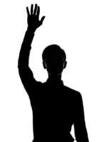 a clean 2d black silhouette of a person raising a hand in a meeting or classroom setting, symbolizing participation, attention, or questioning, on isolated background png