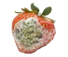 moldy strawberry with slimy texture and green fungal growth, spoiled berry with decayed surface and rotting interior, decomposing fruit with visible deterioration, on isolated background png