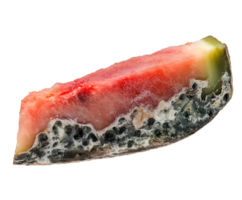 rotting watermelon slice with black mold and fungal infestation, spoiled fruit with decayed texture and discolored flesh, decomposing melon with signs of deterioration, on isolated background png
