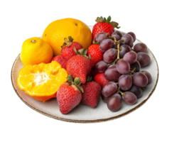 plate of spoiled fruits including mushy strawberries, wrinkled grapes, and discolored citrus, decayed produce with visible mold and shriveled texture, decomposing food waste, on isolated background png
