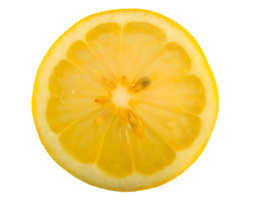 a clean fresh cut round lemon slice, juicy citrus fruit cross-section with vibrant yellow color and natural pulp texture, on isolated background png