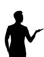 a clean 2d black silhouette of a leader introducing a team, standing with open arms, symbolizing leadership, teamwork, and motivation, on isolated background png