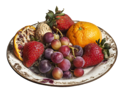 plate of spoiled fruits including mushy strawberries, shriveled grapes, and decayed citrus, rotten produce with visible mold and shriveled texture, decomposing food waste, on isolated background png