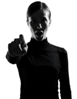 a clean 2d black silhouette of a person pointing forward with a shocked and surprised facial expression, symbolizing accusation, confrontation, or realization, on isolated background png