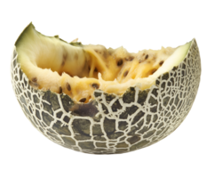 rotting melon half with slimy mushy interior and brown seeds, spoiled fruit with decomposed flesh and shriveled texture, decayed produce with visible deterioration, on isolated background png
