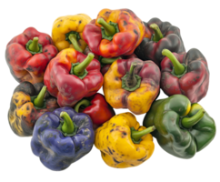 wrinkled and moldy bell peppers in various colors, spoiled and decayed vegetables with shriveled skin and blemishes, expired produce with signs of rot, on isolated background png