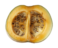 rotting melon half with slimy mushy interior and brown seeds, spoiled fruit with decayed flesh and visible deterioration, decomposing produce with shriveled texture, on isolated background png