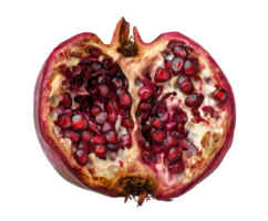 rotting pomegranate half with mushy seeds and decayed interior, spoiled fruit with discolored arils and fungal growth, decomposing produce with shriveled texture, on isolated background png