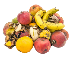 spoiled mixed fruits including apples, bananas, and oranges, decayed produce with mold, bruising, and shriveled texture, decomposing food waste with visible deterioration, on isolated background png