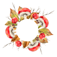 Fly agaric wreath with autumn colorful leaves and bare branches.Hand drawn fall seasonal frame with copy space, forest botanical clipart for harvest poster, card, packing design png
