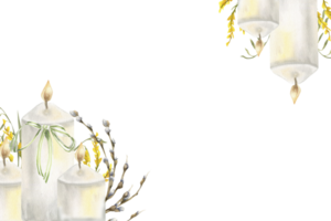 Cozy spring festive banner with white wax candles decorated with willow branches watercolor illustration. Hand drawn frame for Happy easter invitation, packing ,web design. png