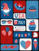 4th of July. USA Independence Day.Geometric pattern background with American flag, symbols on color grid blocks. Template for banner, card, poster. flat illustration. vector