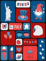 4th of July. USA Independence Day.Geometric pattern background with American flag, symbols on color grid blocks. Template for banner, card, poster. flat illustration vector