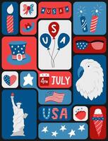 4th of July.USA Independence Day. Geometric pattern background with American flag, symbols on color grid blocks. Template for banner, card, poster. illustration. vector