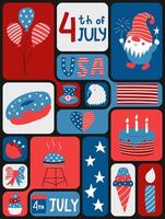 4th of July.USA Independence Day. Geometric pattern background with American flag, symbols on color grid blocks. Template for banner, card, poster. vector