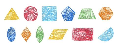 Pastel kids geometric shapes with crayon brush texture. Colored pencil hand drawn figures. Circle, triangle, square, trapezoid, rhombus and other. illustration isolated on a white background. vector