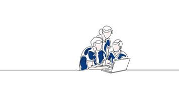 Hand-Drawn One-Line Animation of Businessman Minimalist Line Art With Color Continuous Outline Drawing Businessman and Businesswoman Discussing project on laptop.Concept of Teamwork. video