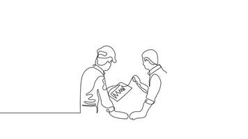 Hand Drawn One-Line Contractor Animation .Minimalist Line Art .Continuous Outline Drawing Two Young Architect Explaining Building Design Blueprint to Contractor .Business Concept. video