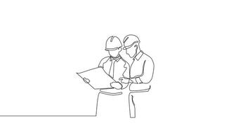 Hand Drawn One Line Contractor Animation .Minimalist Line Art .Continuous Outline Drawing Two Young Architect Explaining Building Design Blueprint to Contractor .Business Concept. video