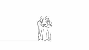 Hand Drawn OneLine Contractor Animation.Minimalist Line Art .Continuous Outline Drawing Two Young Architect Explaining Building Design Blueprint to Contractor .Business Concept. video