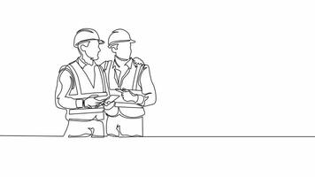 Hand-Drawn One-Line Contractor Animation.Minimalist Line Art .Continuous Outline Drawing Two Young Architect Explaining Building Design Blueprint to Contractor. Business Concept video