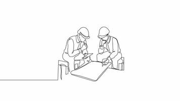 Hand Drawn OneLine Contractor Animation .Minimalist Line Art .Continuous Outline Drawing Two Young Architect Explaining Building Design Blueprint to Contractor .Business Concept. video