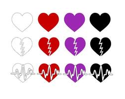 A collection of heart icons in different styles solid, broken, and heartbeat designs. Includes red, purple, black, and outline variations. Perfect for love, health, and emotions. vector